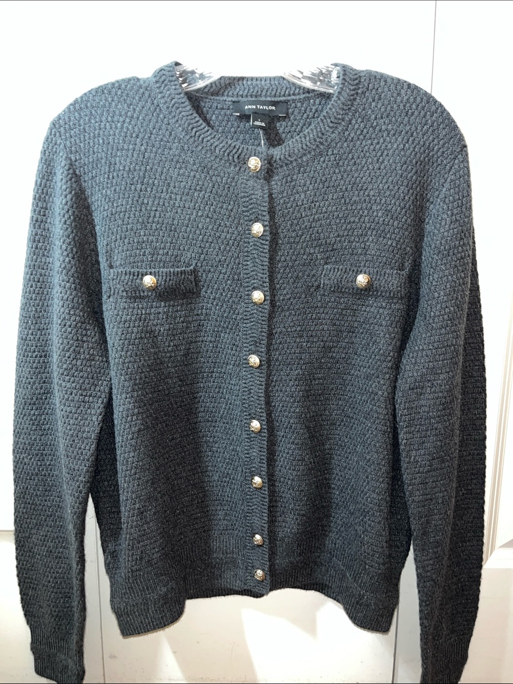 Ann Taylor Charcoal Textured Button-Front Cardigan with Gold Buttons